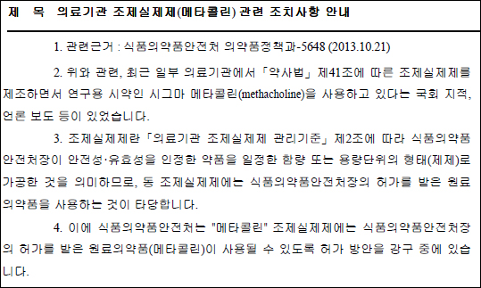 병의원, 공업·연구용 시약 '메타콜린' 사용 주의보