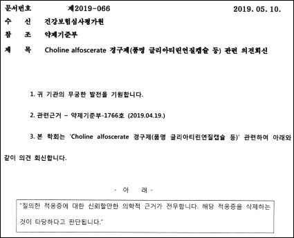 "콜린알포세레이트 효과없다는 학회 입장에도 늑장행정"