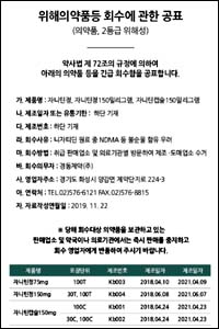 니자티딘 회수 본격화…"대상 제조번호 유의해야"