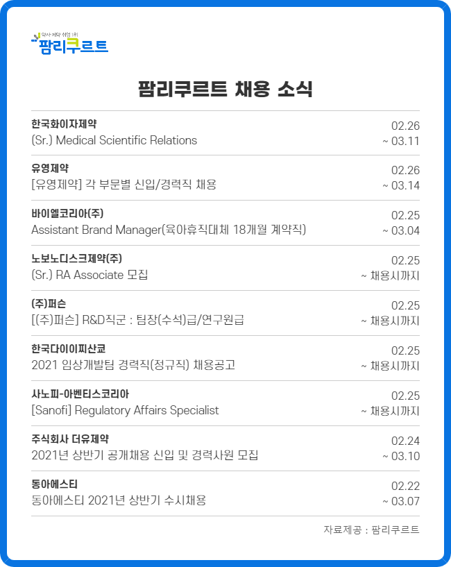 동아·유영·화이자…MR·RA·QA 등 신입·경력직 모집