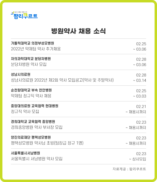 평택성모병원·중앙병원 약제부 팀장급 약사 채용 