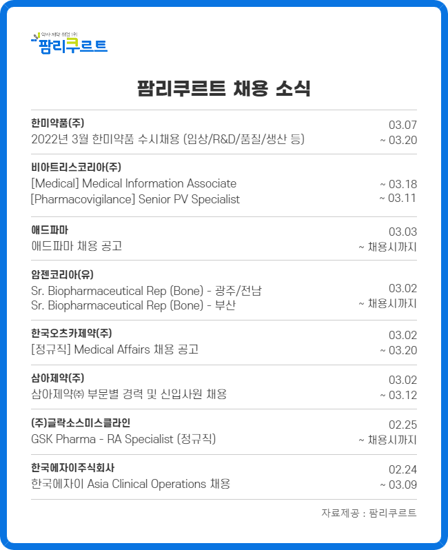 한미·삼아·암젠 등 제약업계 대규모 수시채용 진행