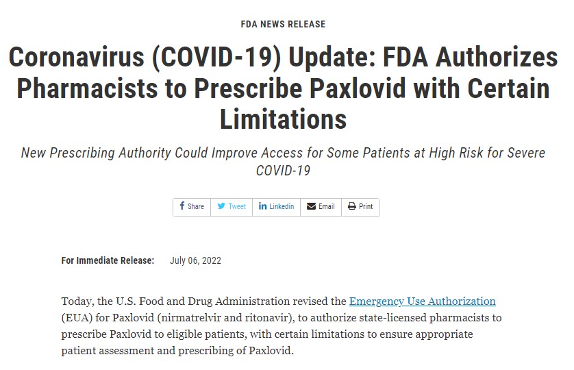 美 FDA "약사도 코로나 치료제 팍스로비드 처방 가능"