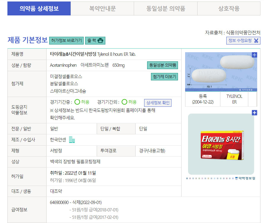 타이레놀ER 보험코드 유예…기존코드, 종전대로 조제·청구