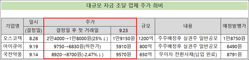 대규모 자금조달 제약바이오 업체들 '주가 희비'