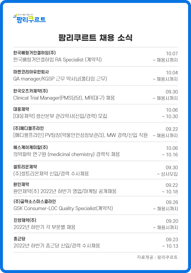 종근당·진양·환인 등 제약업계 하반기 채용 돌입