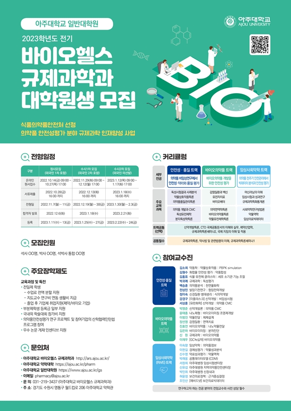 아주대 바이오헬스규제과학과 수시모집...29일부터 접수 