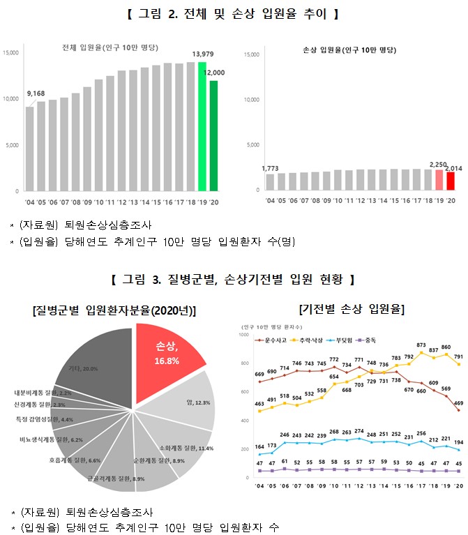 추락·운수사고 등 손상환자, 입원 질병군 비중 1위