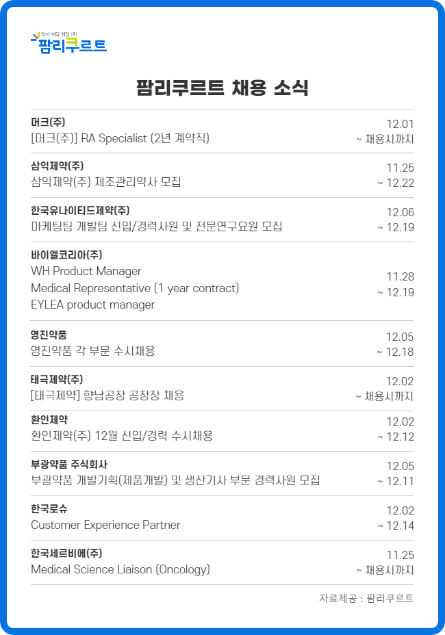 영진·환인·바이엘 등 제약업계 연말 채용 풍성