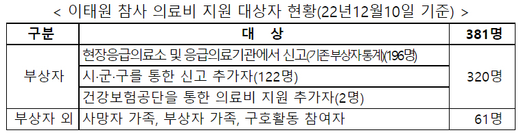 이태원 참사 의료비 지원 대상자 381명 