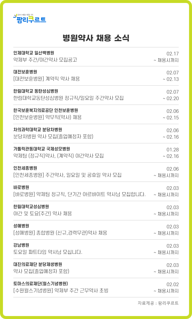 일산백병원 주·야간 약사 채용...인천·대전 보훈병원도 모집
