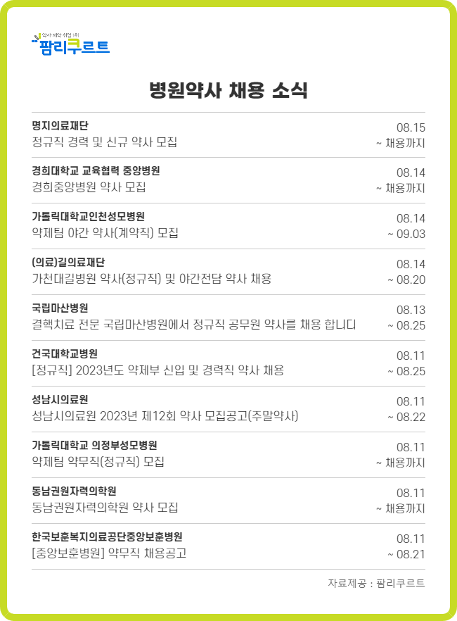 의정부성모병원 정규직 약사 5명 채용...연봉 약 6300만원 