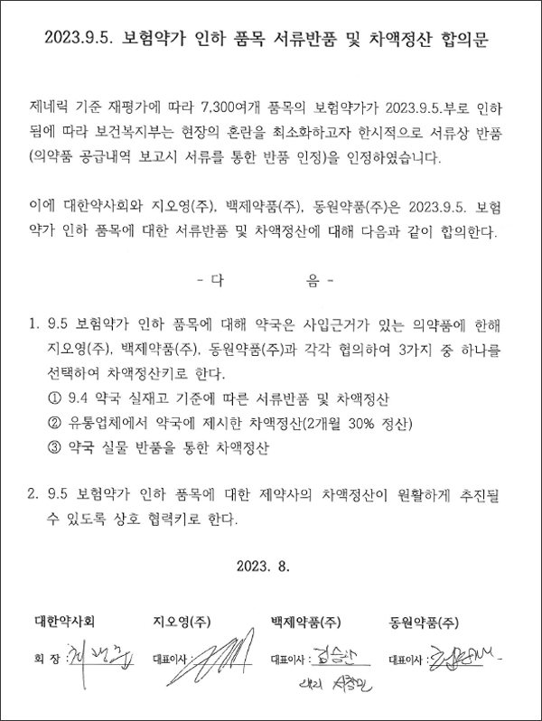 약사회-대형도매 3곳, 약가인하 차액정산 3개항 합의