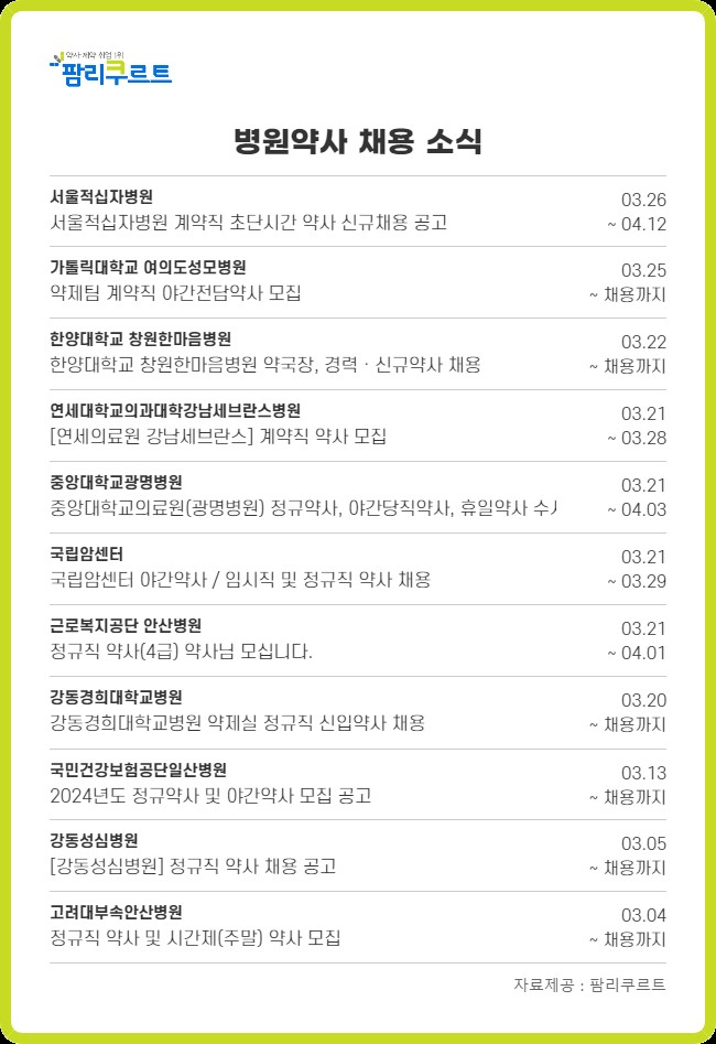 서울적십자병원, 주 8시간 초단기 근무약사 채용