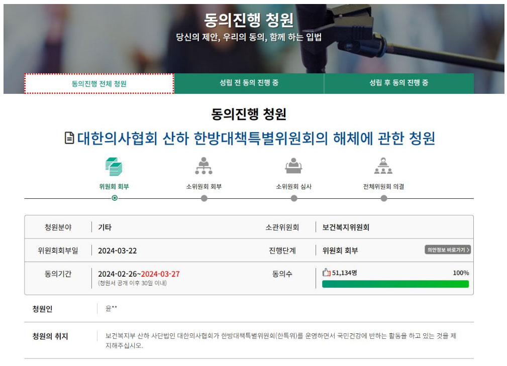 의협 한특위 해체 청원 5만돌파…국회 상임위 회부