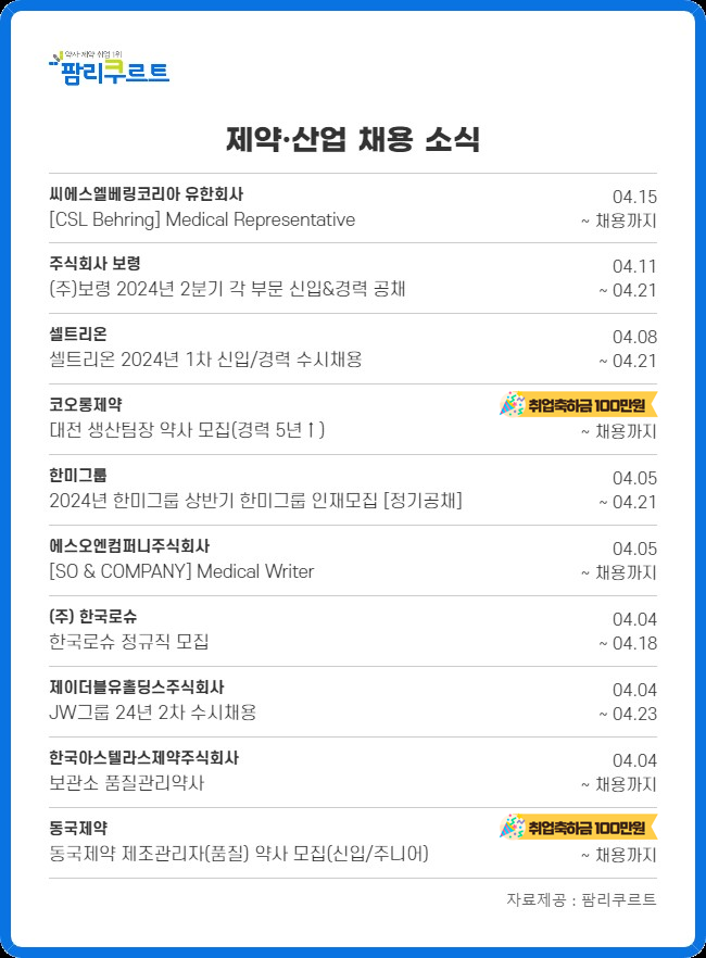 "영업·마케팅 뽑아요"…보령·JW중외·로슈 등 인재 모집
