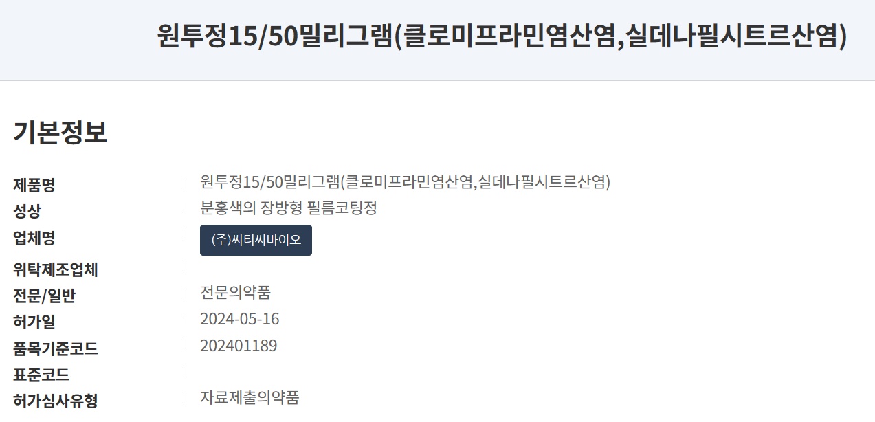 씨티씨바이오 조루복합제 '원투정' 허가 