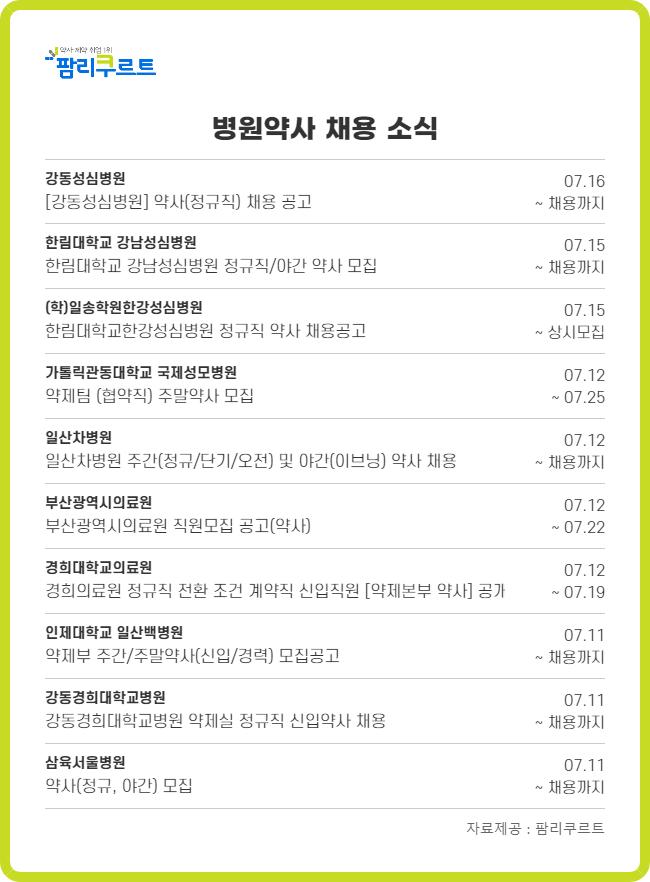 "항암제 조제·주말근무 없어"...성심병원 정규직 약사 구인 