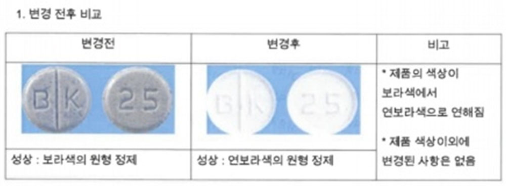 보라색→연보라색 씬지로이드 0.025mg 성상변경