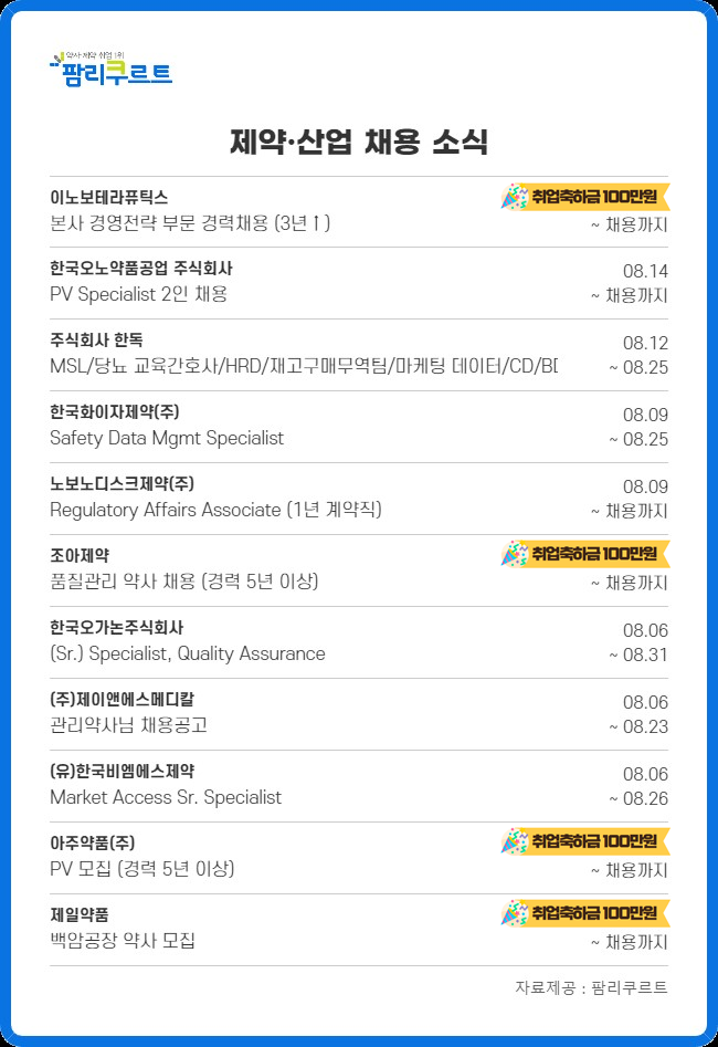 아주·화이자·한독 등 제약업계 신입·경력직 채용 실시
