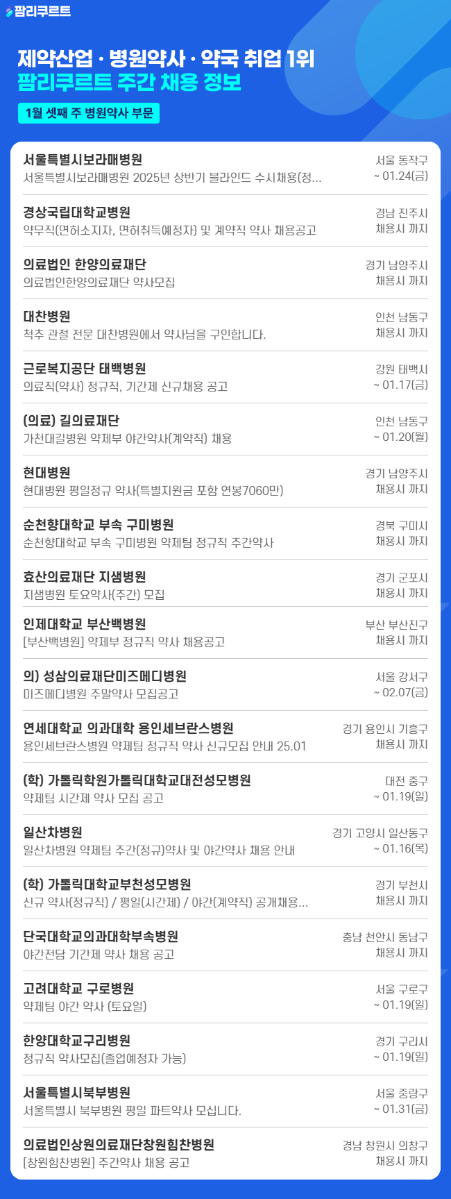 [팜리쿠르트] 보라매병원·부산백병원·고대구로병원 약사 채용