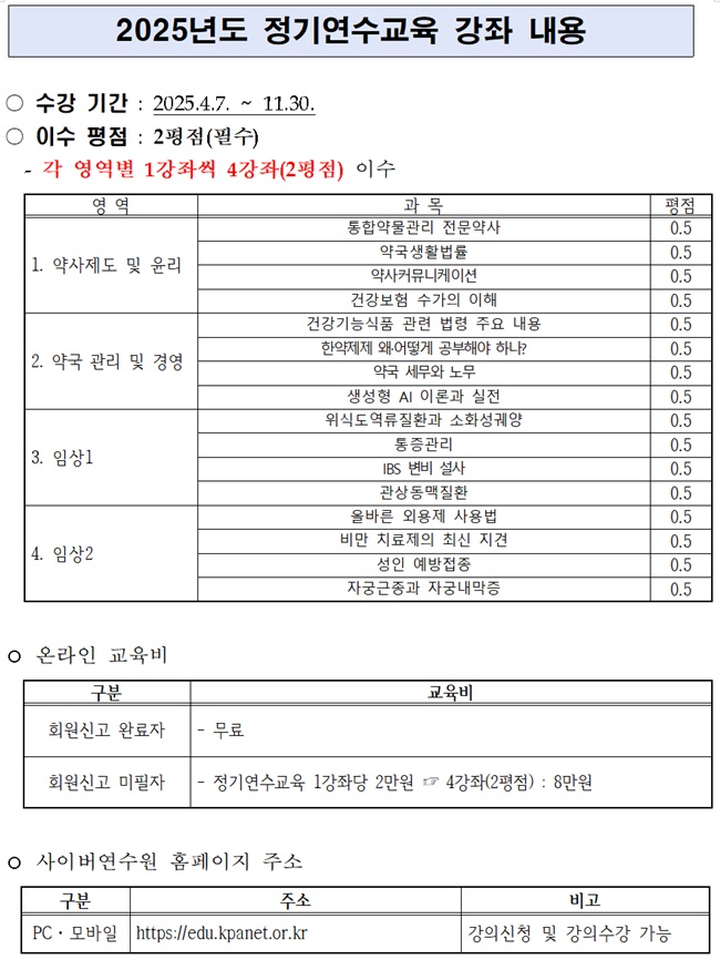 약사회, 개설·근무약사 사이버 연수교육 오픈