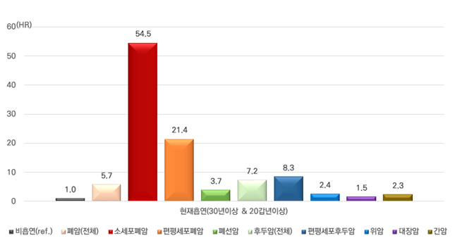 30년 흡연자 소세포폐암 발생 위험, 비흡연자보다 54.5배↑